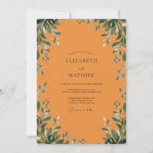 Invitation Mariage Feuillage Gris Eucalyptus Orange Brûlé