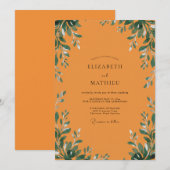 Invitation Mariage Feuillage Gris Eucalyptus Orange Brûlé (Devant / Derrière)