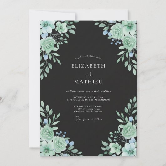 Invitation Mariage Feuillage Menthe Eucalyptus Noir (Devant)