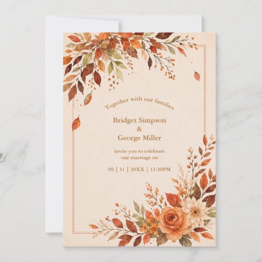 Invitation Mariage Feuillage Orange Automne Rustique (Devant)
