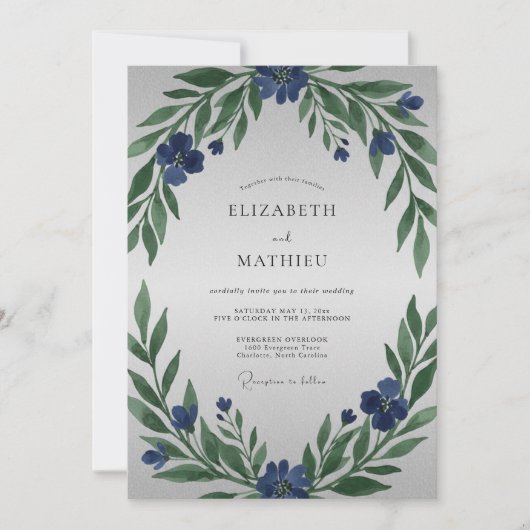 Invitation Mariage Feuillage Peint à l'Indigo (Devant)
