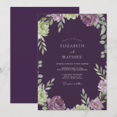Invitation Mariage Feuillage Peint Aubergine (Devant / Derrière)