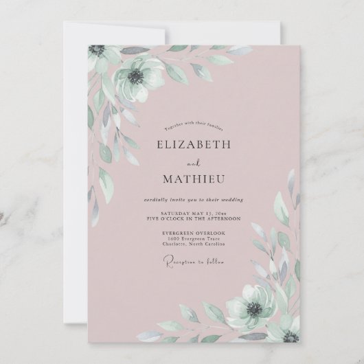 Invitation Mariage Feuillage Peint de Rosé (Devant)