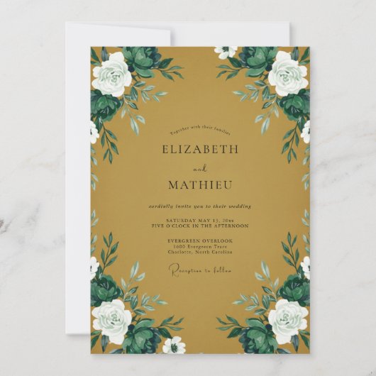Invitation Mariage Feuillage Peint en Ocre Céleste (Devant)