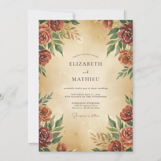 Invitation Mariage Feuillage Peint en Rouille (Devant)