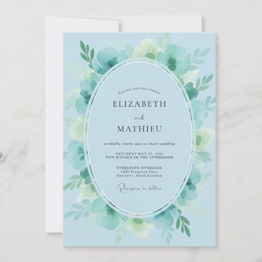 Invitation Mariage Feuillage Peint Luxe Aqua (Devant)