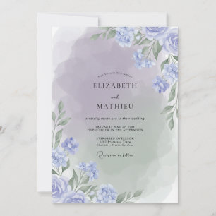 Invitation Mariage Feuillage Peint Pervenche Doré