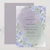 Invitation Mariage Feuillage Peint Pervenche Doré (Devant / Derrière)