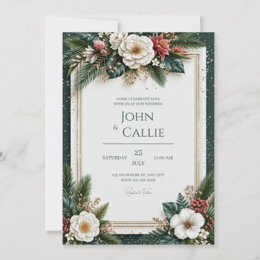 Invitation Mariage Feuillage Tropical Doré Aiguille de Pin (Devant)