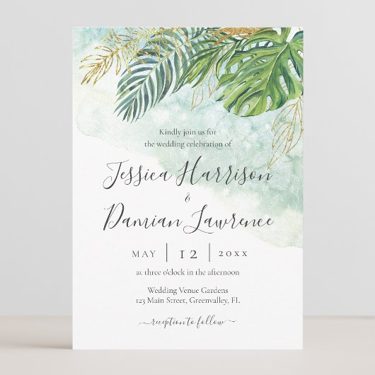 Invitation Mariage Feuillage Vert Or Feuilles Tropicales