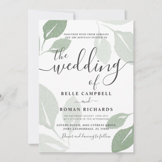 Invitation Mariage Feuillage Vert Sauge Moderne (Devant)