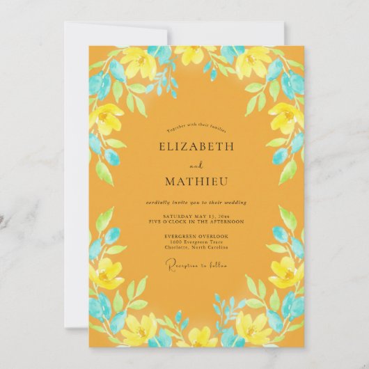 Invitation Mariage Feuille Aqua Moutarde (Devant)