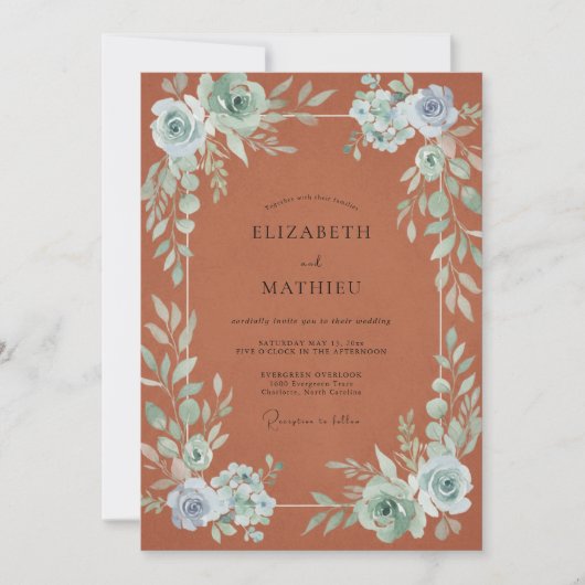 Invitation Mariage Feuille Aqua Orange Brûlé (Devant)