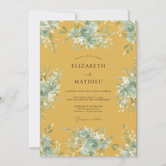 Invitation Mariage feuille aquarelle moutarde (Devant)