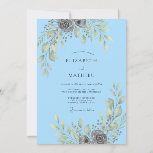 Invitation Mariage Feuille Argentée Ciel (Devant)