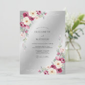 Invitation Mariage Feuille Argentée prune (Debout devant)