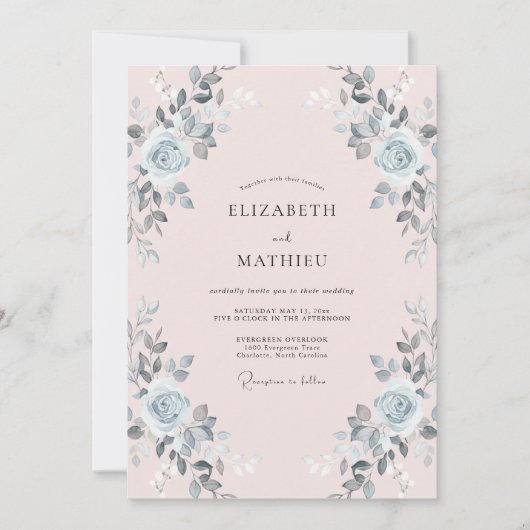 Invitation Mariage Feuille Argentée Rosée (Devant)