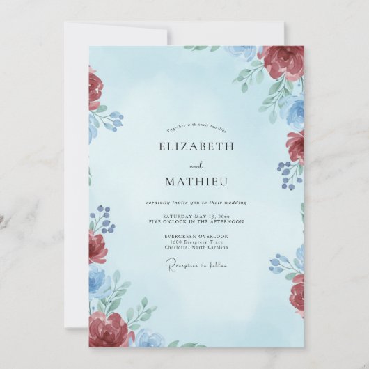 Invitation Mariage Feuille Azure Cramoisi (Devant)