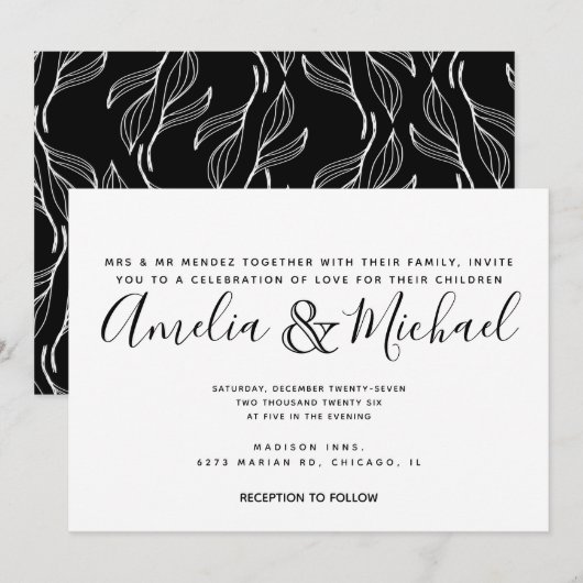 Invitation Mariage feuille blanche de verdure florale dessiné (Devant / Derrière)