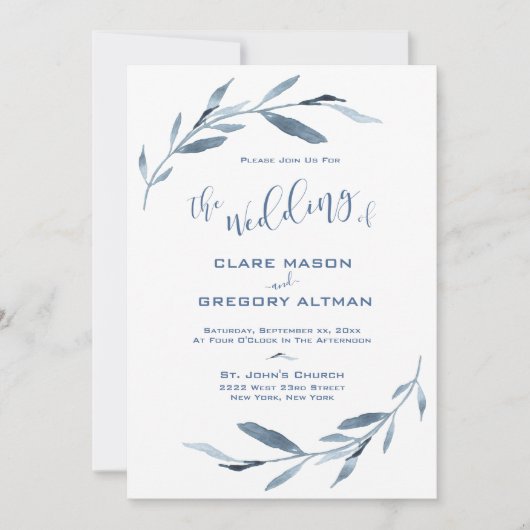 Invitation Mariage Feuille bleu et blanc (Devant)