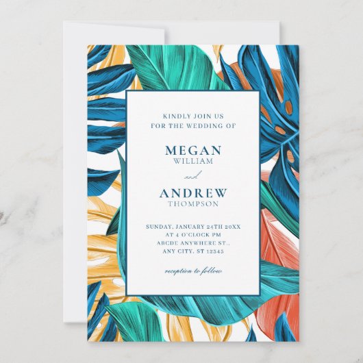 Invitation Mariage feuille bleu tropical jaune (Devant)
