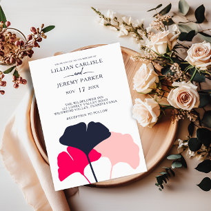Invitation Mariage Feuille Bold Modern Navy et Pink Ginkgo