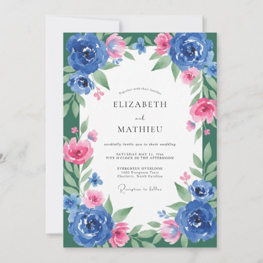 Invitation Mariage Feuille Cobalt Fuchsia (Devant)