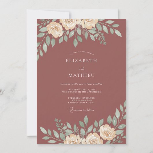 Invitation Mariage feuille d'aquarelle cuivre (Devant)