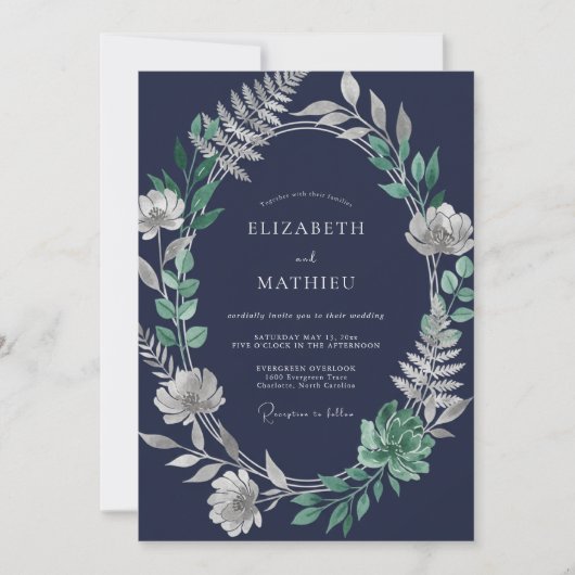 Invitation Mariage Feuille d'Argent de Minuit (Devant)