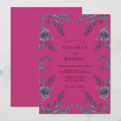 Invitation Mariage Feuille d'Argent Magenta (Devant / Derrière)
