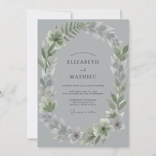 Invitation Mariage Feuille d'Argent sur Fond Ardoise (Devant)