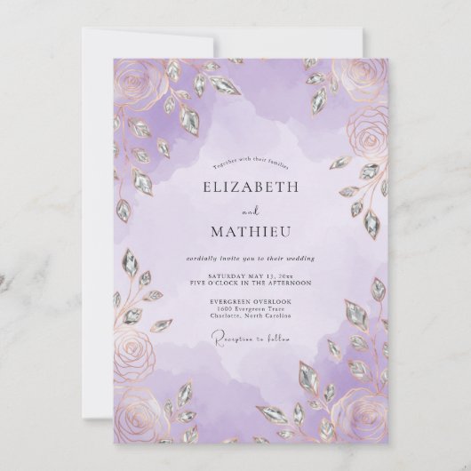 Invitation Mariage Feuille d'Argent Violet (Devant)