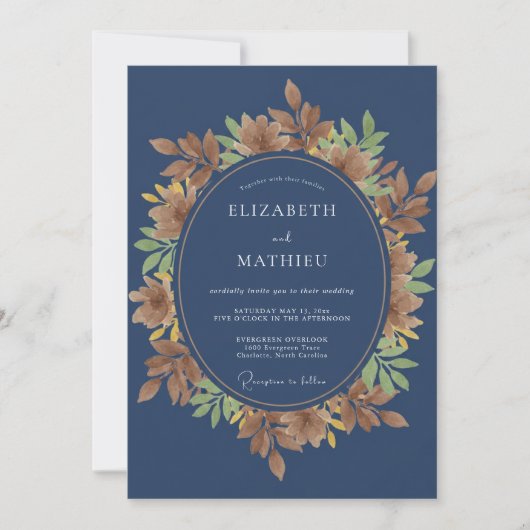 Invitation Mariage Feuille d'Automne Indigo (Devant)