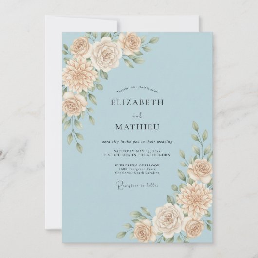 Invitation Mariage feuille d'azur Champagne (Devant)