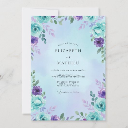 Invitation Mariage Feuille de Aqua Améthyste (Devant)