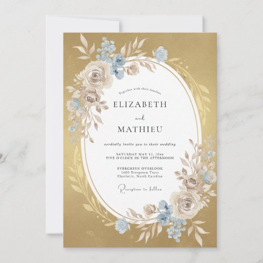 Invitation Mariage feuille de bleuet dorée (Devant)