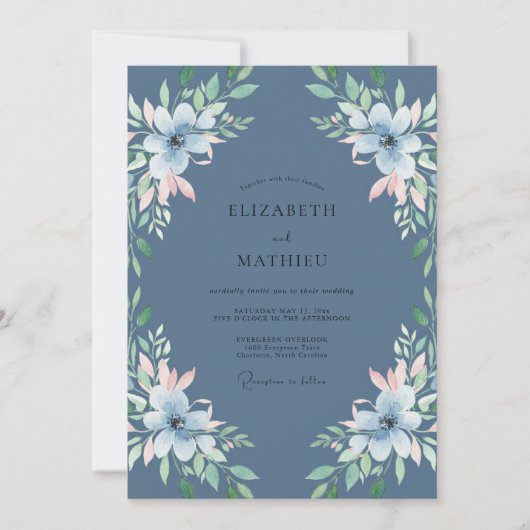 Invitation Mariage Feuille de Bleuet sur Fond Ardoise (Devant)