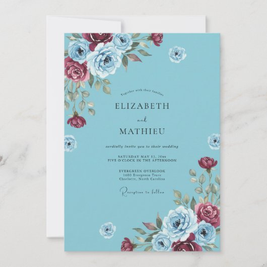 Invitation Mariage feuille de Bourgogne céruléen (Devant)
