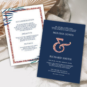 Invitation Mariage Feuille de Branche Bleu Navy Or Rose Amper