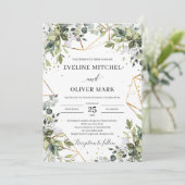 Invitation Mariage feuille de cadres d'or de verdure eucalypt (Debout devant)