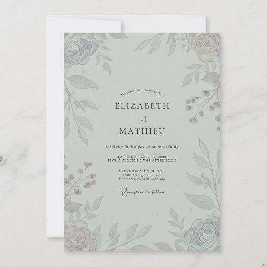 Invitation Mariage feuille de céladon argenté (Devant)