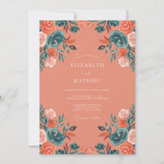 Invitation Mariage feuille de corail sarcelle (Devant)
