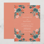 Invitation Mariage feuille de corail sarcelle (Devant / Derrière)