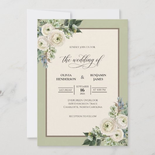 Invitation Mariage feuille de crème d'olive (Devant)
