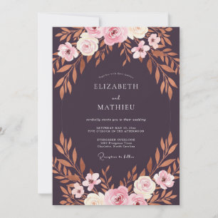 Invitation Mariage feuille de cuivre prune