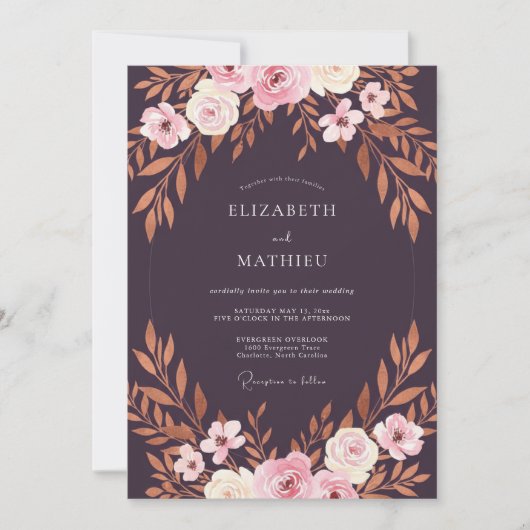 Invitation Mariage feuille de cuivre prune (Devant)