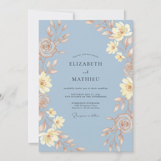 Invitation Mariage Feuille de Fleur Céruléen (Devant)