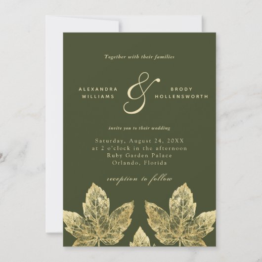 Invitation Mariage Feuille  de la gamme Verte et Or Rustique  (Devant)