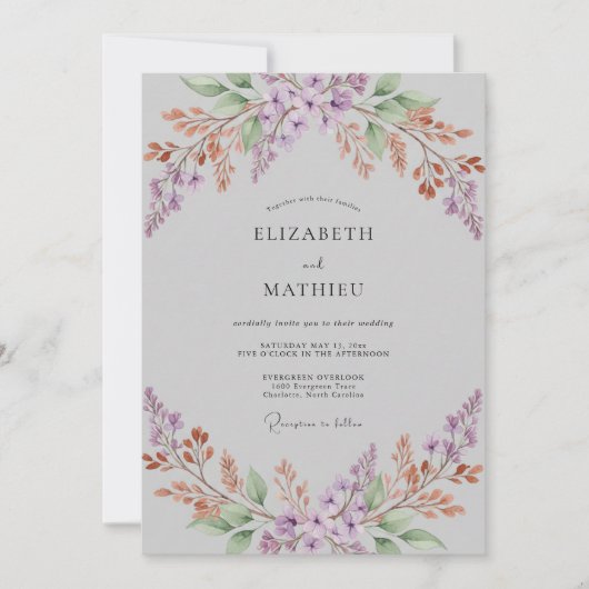 Invitation Mariage Feuille de Lilas Argenté (Devant)