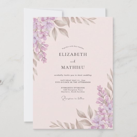 Invitation Mariage Feuille de Lilas Taupe (Devant)